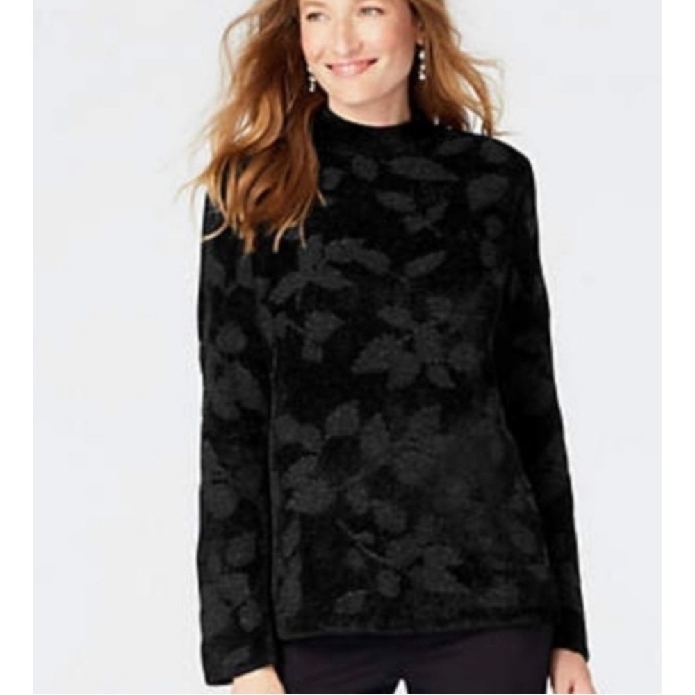 J. Jill Women's XS Black Floral‎ Print Long Sleeve Mock Neck Fuzzy Sweater silk